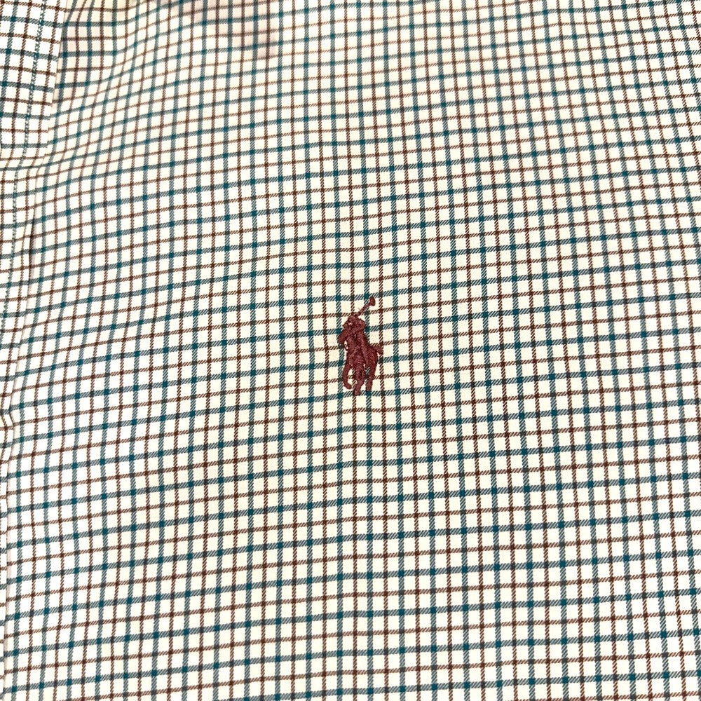 Ralph Lauren Classic Fit Short Sleeve Button Down Shirt XL White + Teal + Brown - Picture 5 of 6